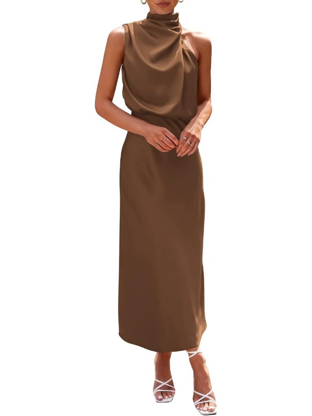 Women's Khaki Summer Cocktail Satin Maxi Sleeveless Mock Neck Formal Dresses